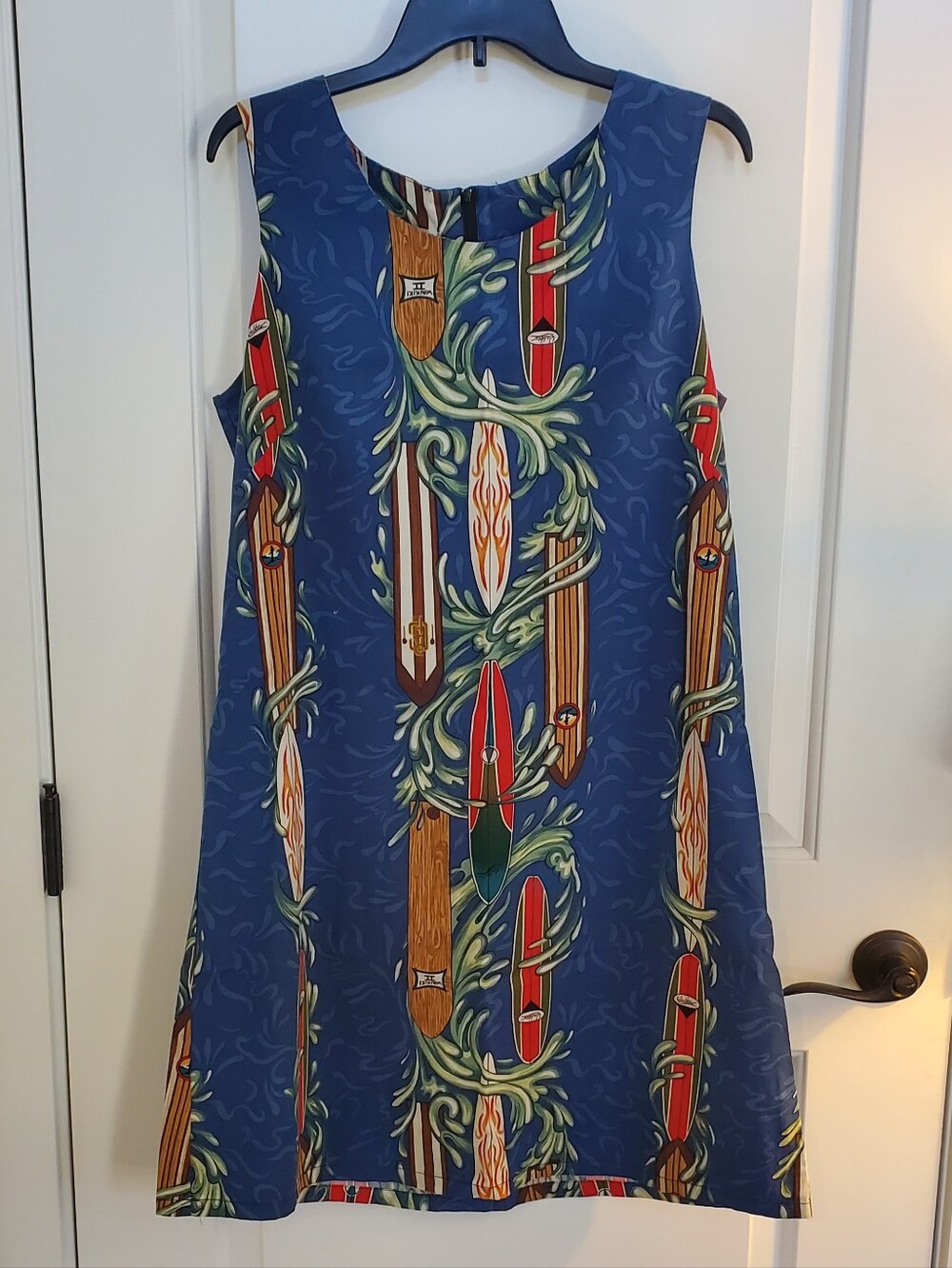 VTG Vintage Shannon Marie Made in Hawaii Surfboard Print Shift Dress Blue Size L